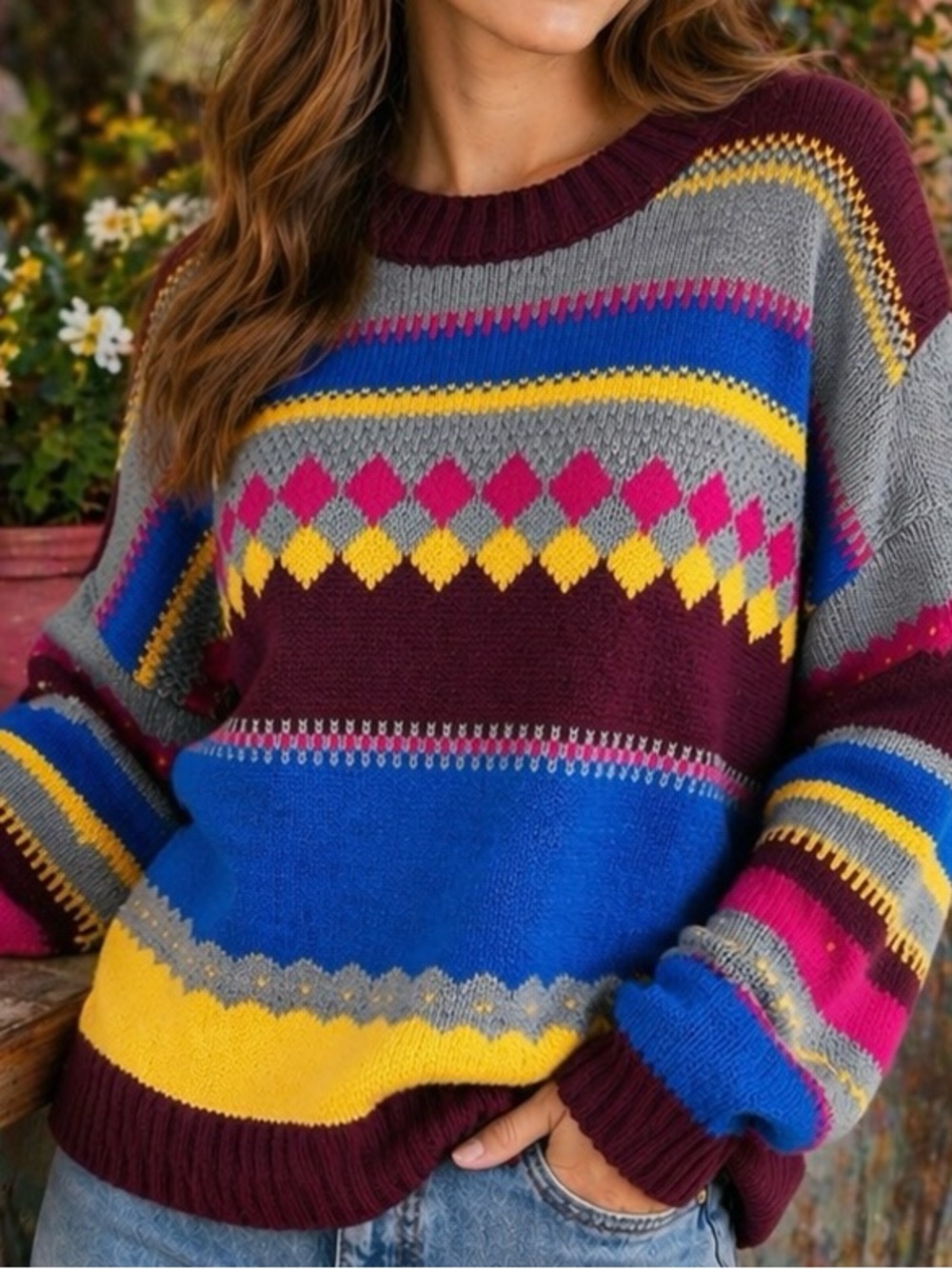Fun LANE BRYANT Colorful Fair Isle Sweater Eclectic Artsy Boho Retro Plus 18/20